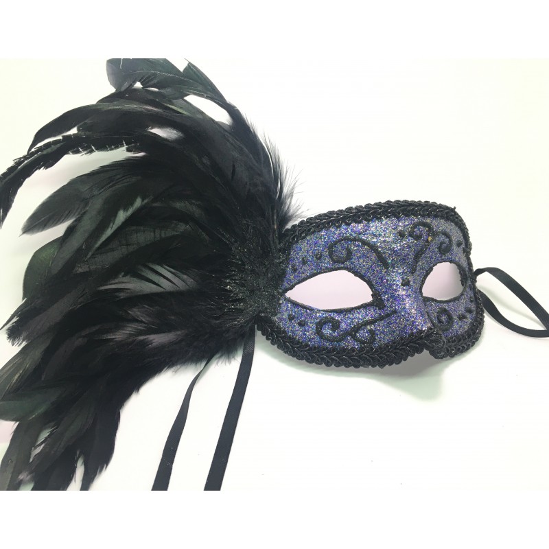Женская карнавальная маска ручной работы с черными перьями "Ноктюрн"
